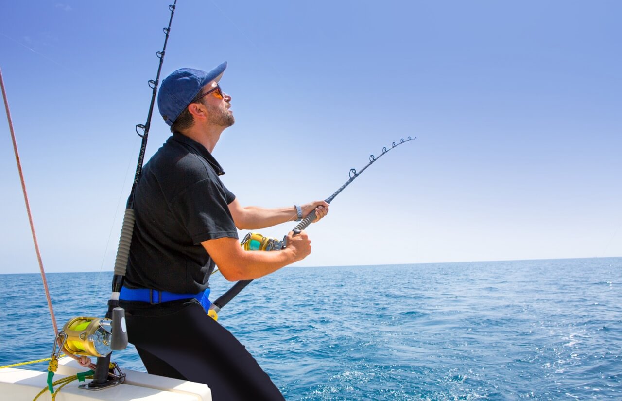 blue sea offshore fishing boat with fisherman Large